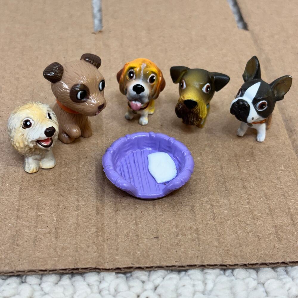 Mattel Barbie My Scene Collectible 1" Dogs Pets Lot of 5 + Purple Basket Vintage